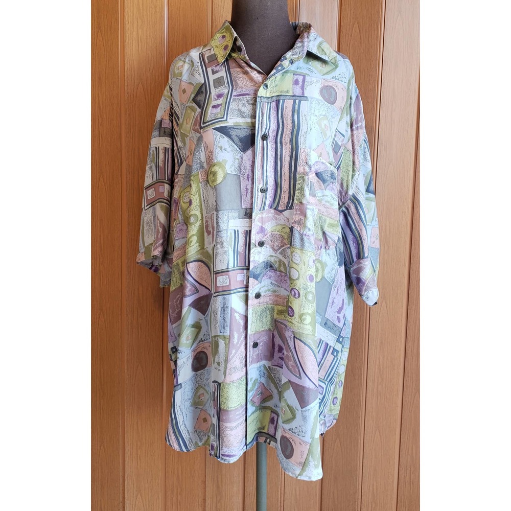 Alvin size large purple/ multicolored abstract silk button up blouse